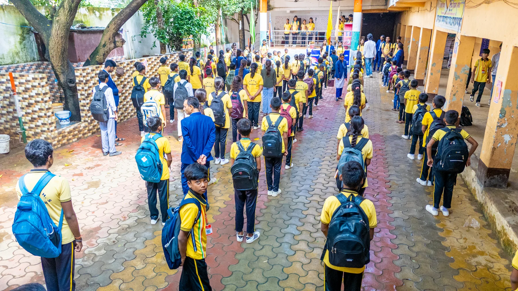 Aerial view of the whole school at morning assembly